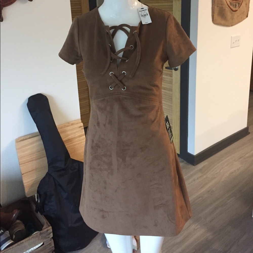 Express Brown Suede-Look Lace-Up Midi Dress - Picture 3 of 6